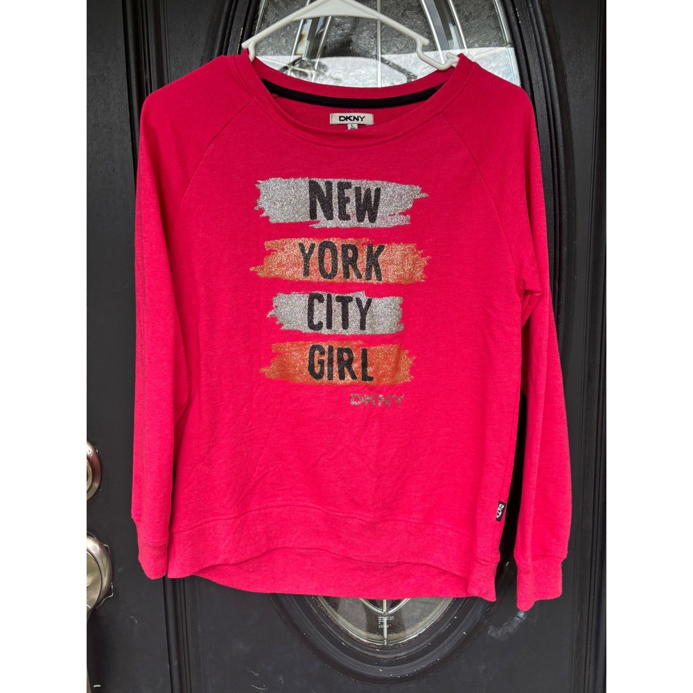 DKNY Girls Pink New York City Girl Glitter Graphic Sweatshirt Size L 12